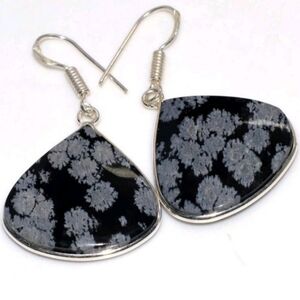 Snowflake Obsidian Gemstone 925 Sterling Silver Drop Dangle Earrings